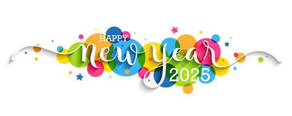HAPPY NEW YEAR 2025 white vector brush calligraphy banner with colorful dots