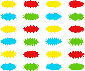 Different color starburst sunburst badges shapes, sticker set vector. Collection of special offer sale oval and round shaped sunburst labels and badges. Promo stickers with star edges.