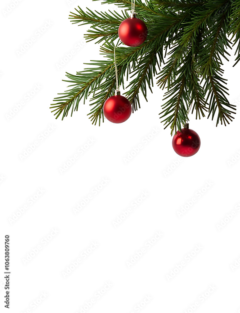 Poster decorative christmas tree branch with bright red baubles in a crisp white background featuring a cle