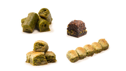 Turkish pistachio baklava isolated on white background.