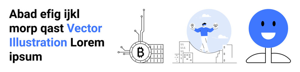 Bitcoin symbol with circuit, person celebrating with coins, happy blue face, random text. Ideal for technology, finance, success, emotion, cryptocurrency, digital art, positive vibes. Landing page