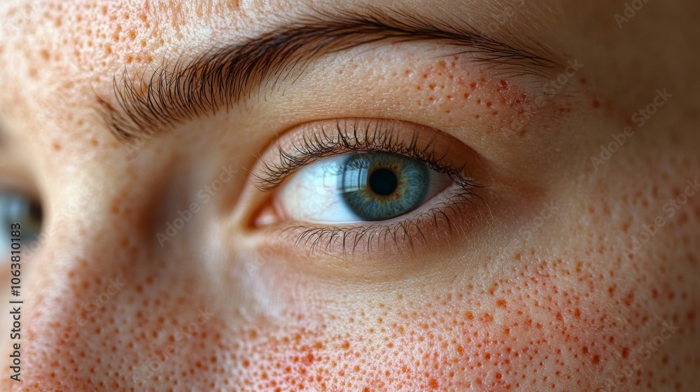 Poster the image features a close-up of a human eye, revealing intricate skin textures and freckles surroun