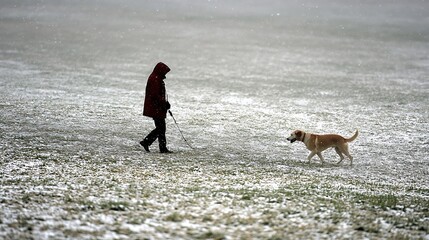 Woman Walking Dog on a Crisp Winter Morning