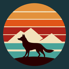 Sun on mountains and howling fox on retro vintage background