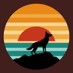 Sun on mountains and howling fox on retro vintage background