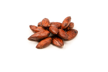 A group of caramelized almonds isolated on a white background.
