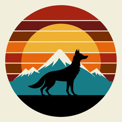 Sun on mountains and howling fox on retro vintage background