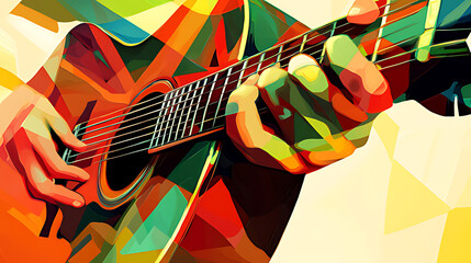 Closeup of hands playing acoustic guitar in a colorful geometric style.