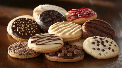 Assortment of gourmet cookies displayed for bakery or sweet snack ads, capturing their handcrafted look and appeal.