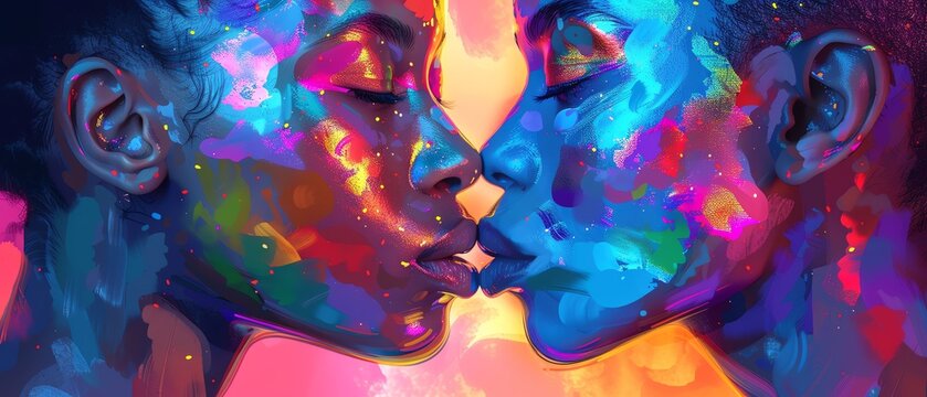 Pride Month Festivity Art: Close-Up of Two People Kissing in Colorful, Shimmering Digital Paint