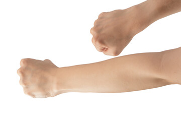 Woman's hands with fist gesture isolated on a white background.