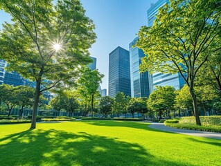 Naklejka premium A vibrant urban park with lush greenery and modern skyscrapers under a clear blue sky.