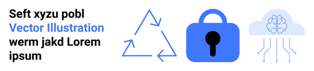 Recycle symbol, blue lock, and cloud-shaped brain connected to circuits representing sustainability, security, and AI. Ideal for environmental tech, cybersecurity, artificial intelligence, digital