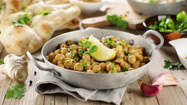 indian dhal with chickpea and curry, rice and naan bread