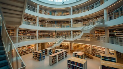 Spacious Modern Interior of a University Library with Extensive Bookshelves