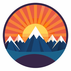 A circular mountain icon with a bright sunrise peeking over the peaks, radiating warmth outward.