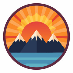 Obraz premium A circular mountain icon with a bright sunrise peeking over the peaks, radiating warmth outward.