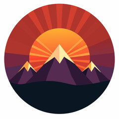 A circular mountain icon with a bright sunrise peeking over the peaks, radiating warmth outward.