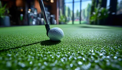 close-up of a golf ball and putter on a screen displaying a virtual golf course, indoor screen golf, virtual golf course, golf ball, 