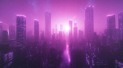 A futuristic cityscape bathed in purple light. The city skyline is silhouetted against a bright, pink sky with light streaks.