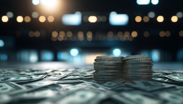 Stacked coins on dollar bills, dark background