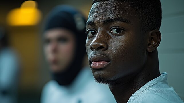 African American athlete protective fencing gear demonstrates powerful lunge brightly lit indoor setting evening practice conveying emotional intensity and determination. - Powered by Adobe