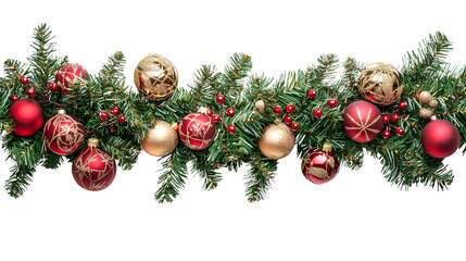 Christmas garland border with ornaments and pine branches.