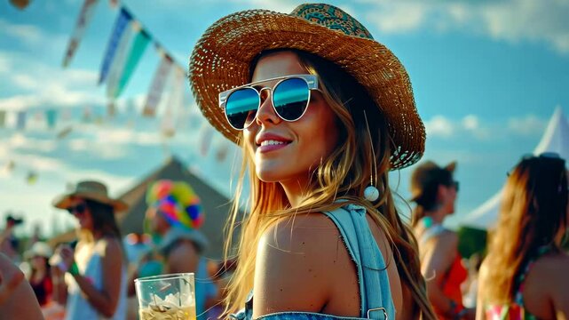 A beautiful smiling girl having fun on an outdoor festival in summer. A music concert, a fair with a crowd on the background.