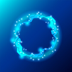 A glowing circular futuristic design on a blue background. The circle features interconnected angular shapes with small bright spots, exuding a techy, sci-fi aesthetic. Vector illustration