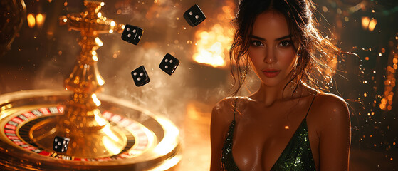 glamorous woman in green dress stands near roulette table, with dice in mid air, creating exciting casino atmosphere