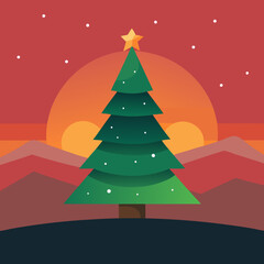 The illuminated Christmas tree in a landscape at sunset