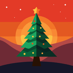 The illuminated Christmas tree in a landscape at sunset