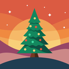The illuminated Christmas tree in a landscape at sunset