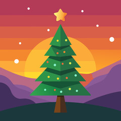 The illuminated Christmas tree in a landscape at sunset