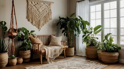 Vintage-inspired boho room adorned with macrame, lush plants, and earthy tones, creating a warm, tranquil space that radiates natural charm and cozy style