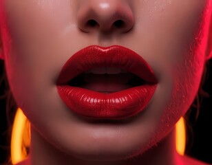 Obraz premium Close-up of a woman's lips adorned with bold red lipstick, showcasing a striking makeup look