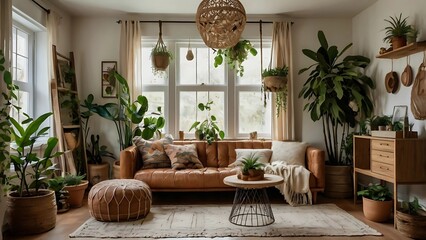 Vintage-inspired boho room adorned with macrame, lush plants, and earthy tones, creating a warm, tranquil space that radiates natural charm and cozy style
