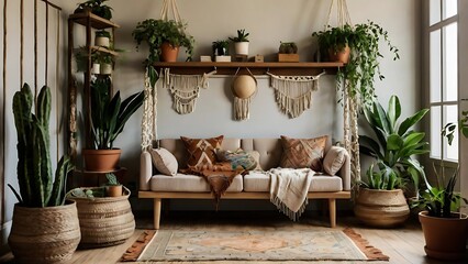 Vintage-inspired boho room adorned with macrame, lush plants, and earthy tones, creating a warm, tranquil space that radiates natural charm and cozy style