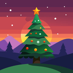 The illuminated Christmas tree in a landscape at sunset