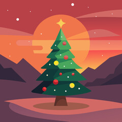 The illuminated Christmas tree in a landscape at sunset