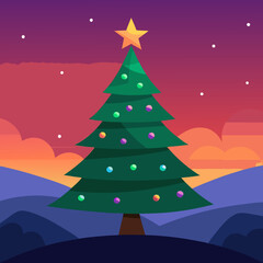 The illuminated Christmas tree in a landscape at sunset