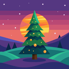 The illuminated Christmas tree in a landscape at sunset