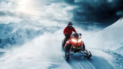 A snowmobile explores a snow-covered ridge under a dramatic sky in a mountainous winter landscape