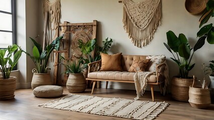 Vintage-inspired boho room adorned with macrame, lush plants, and earthy tones, creating a warm, tranquil space that radiates natural charm and cozy style
