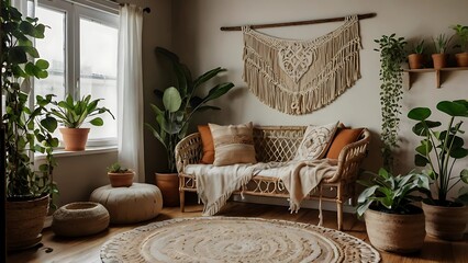 Vintage-inspired boho room adorned with macrame, lush plants, and earthy tones, creating a warm, tranquil space that radiates natural charm and cozy style