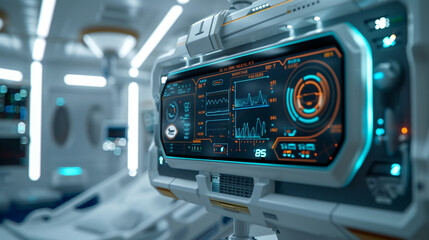 A close-up of a modern, high-tech medical monitoring machine in a hospital room, showing the digital display with various health metrics. 