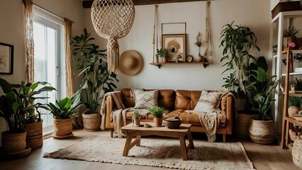 Vintage-inspired boho room adorned with macrame, lush plants, and earthy tones, creating a warm, tranquil space that radiates natural charm and cozy style