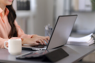 Fototapeta premium Woman using laptop working at contemporary office workplace