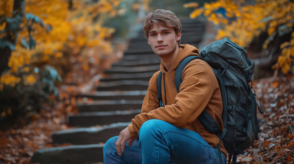 Obraz premium Young man with backpack sitting on autumn forest stairs