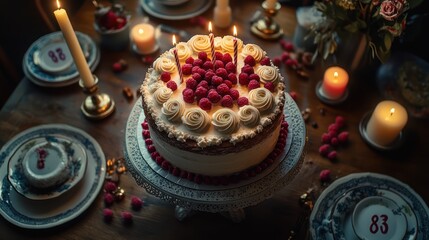 A birthday cake with lit candles sits on a table surrounded by candles, plates, and raspberries.